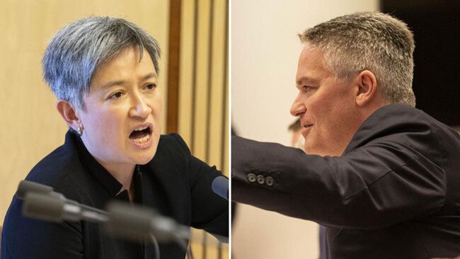 Penny Wong, left, and Mathias Cormann go head-to-head over sports rorts in Senate estimates.