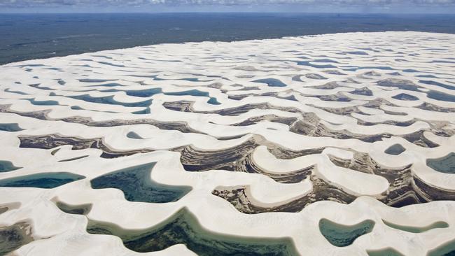 An aerial view of the sand dunes at the Lencois Maranhenses National Park.