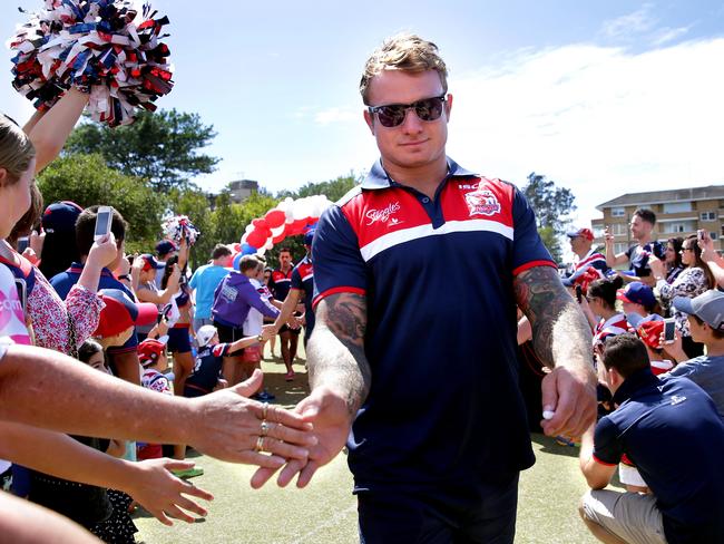 Jake Freind arrives at the Sydney Roosters annual pre-season Fan Day at Waverley Bowling Club, last year. Picture: Gregg Porteous