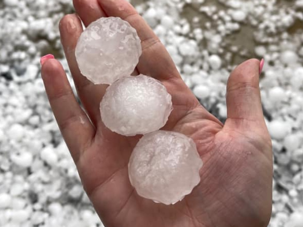 Large hail stones which landed in Adelaide on Thursday. Picture: Tamara Haley/Advertiser
