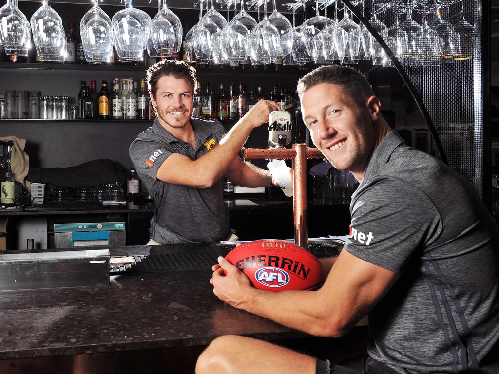 Geelong’s Isaac Smith and St Kilda defender James Frawley own modern Asian restaurant, Jamu, in Richmond. Picture: Nicki Connolly