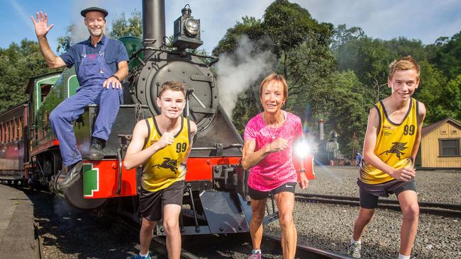 Puffing Billy train driver Steve Strangward with oldest competitor Dale Sinclair, 63, and youngest competitors Ethan Buchanan, left, and Alex Hayes, both 13. Picture: Mark Stewart