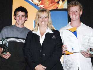 Toni Bellos (middle) presents Daniel Ivanusa (left) and Brady Creighton (right) with the Apprentice of the Year Award.