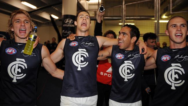 Dennis Armfield, Jordan Russell, Eddie Betts and Marc Murphy sing the Blues.