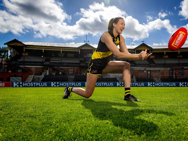 Richmond AFLW player Rebecca Miller. Bec in from the of the Jack Dyer Stand at Punt Road Oval. Picture: Mark Stewart