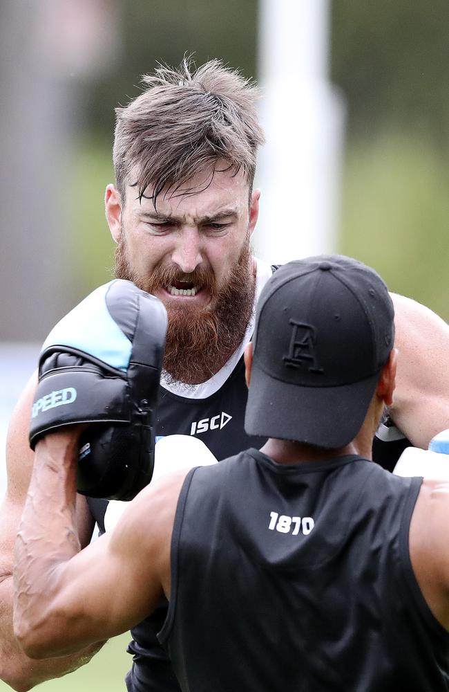 Boxing with fitness coach Daniel Buberis on Port’s pre-season camp in Noosa. Picture: Sarah Reed.