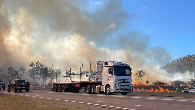 Fire engulfs an area near Julago on Wednesday, October 16, forcing police to put in safety measures. Photo: Daneka Hill.