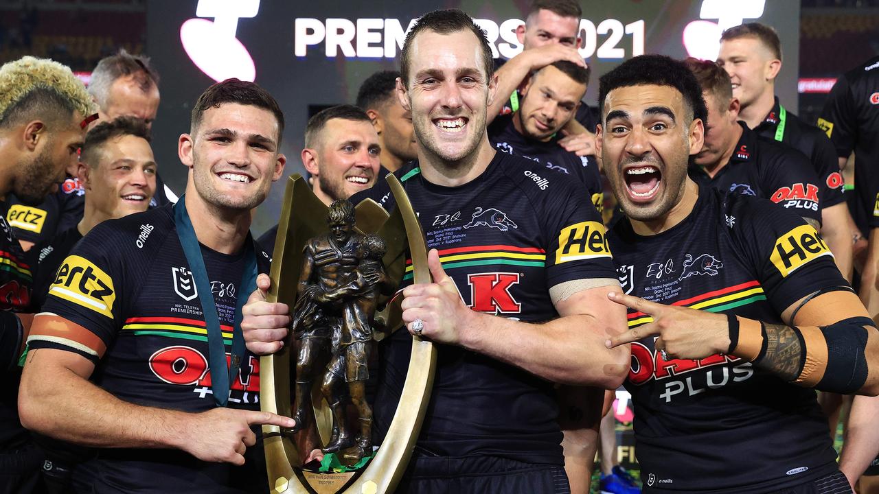 Nathan Cleary, Isaah Yeo and Tyrone May celebrate Penrith’s grand final victory. Picture: Adam Head