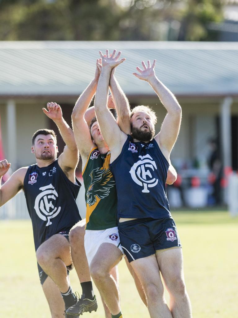 Carl Stevenson (right) of Coolaroo against Goondiwindi Hawks in AFL Darling Downs Allied Cup senior men grand final at Rockville Park, Saturday, September 2, 2023. Picture: Kevin Farmer