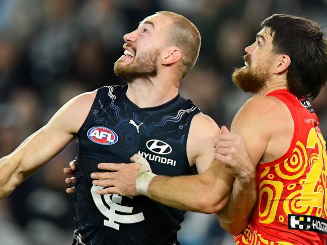 Sam Collins is rarely beaten by his direct opponent and has taken some of the biggest jobs in footy this season. (Photo by Josh Chadwick/AFL Photos/via Getty Images)