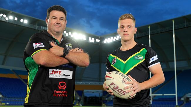 Helensvale Hornet Cameron Brown with club president Wayne Court (left). Photo: Scott Powick News Corp