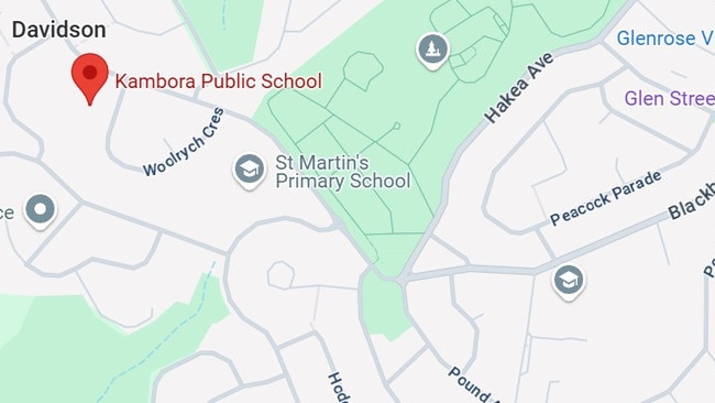 Kambora Public School at Davidson, top left, with 41 pupils enrolled in 2025, is just 1.2kms from Mimosa Public School, bottom right, on Blackbutts Rd, which has 517 pupils.