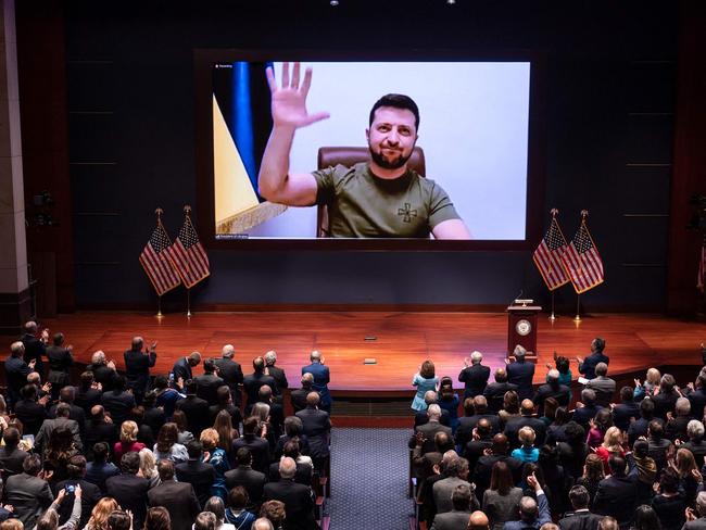 Ukrainian President Volodymyr Zelensky virtually addresses the US Congress on March 16. Picture: AFP