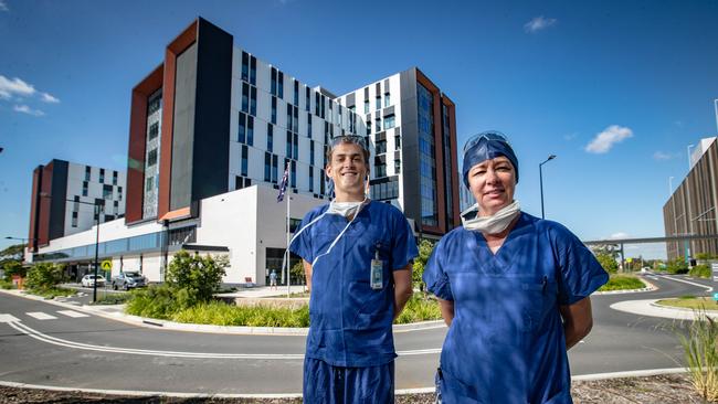 Portraits of staff at Northern Beaches Hospital in Frenchs Forest who are the frontline of the COVID-19 operation. Left to right: Matei Andrin, registered emergency nurse and Helen Meischke, registered nurse. Picture: Julian Andrews.