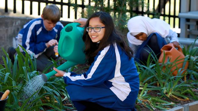 Harrison Morris, Kirti Mukesh and Sumaiya Noorul Jamal toil away in the garden. Picture: Angelo Velardo