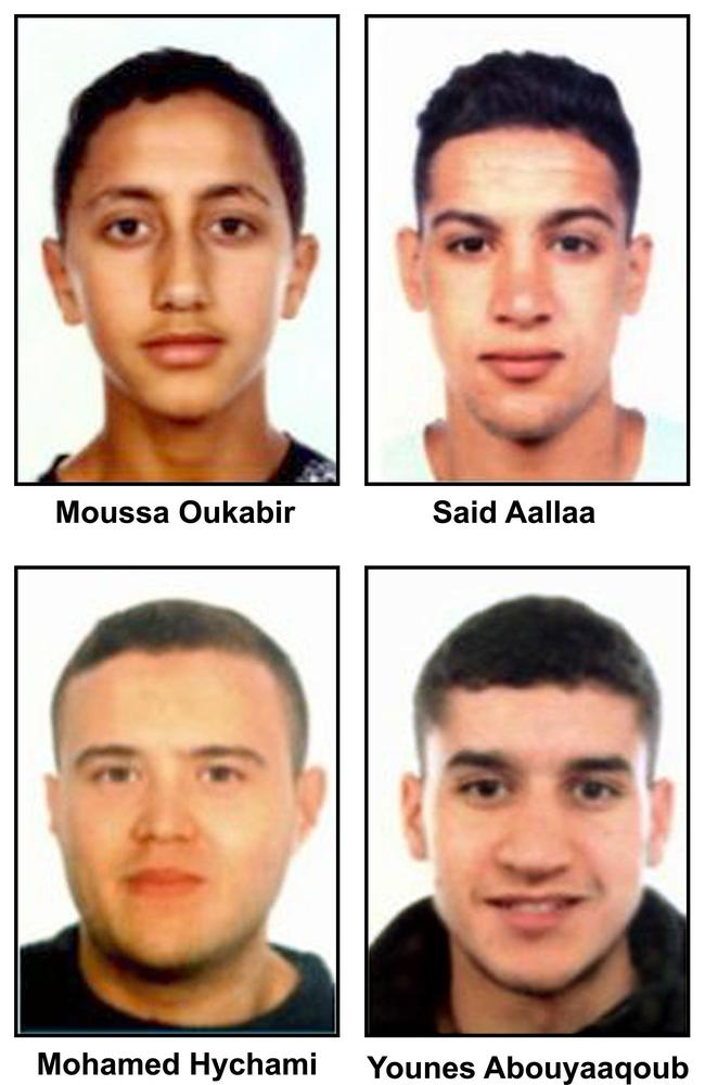 A combo of handout images released by the Catalan regional police shows four suspects of the Barcelona and Cambrils attacks. Picture: AFP