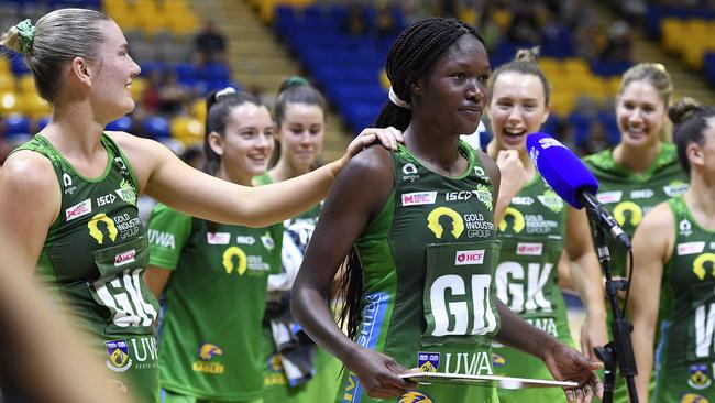 Sunday Aryang of the Fever after winning her first player of the match award after her team’s minor semi-final victory over the Swifts. Picture: Getty Images