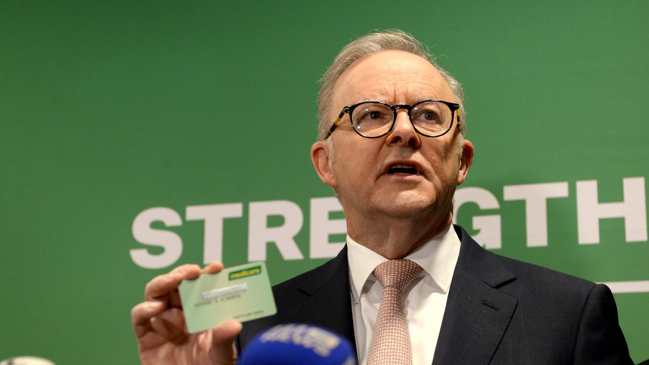 MELBOURNE, AUSTRALIA – NewsWire Photos FEBRUARY 26, 2025: Prime Minister Anthony Albanese hold up a Medicare Card during a press conference at the Urgent Care Clinic at the Goonawarra Medical Centre in Sunbury. Picture: NewsWire / Andrew Henshaw