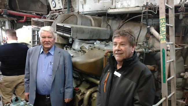 Flynn MP Ken O'Dowd and LNP candidate Ron Harding in the engine room of the HMAS Gladstone. Picture: Rodney Stevens