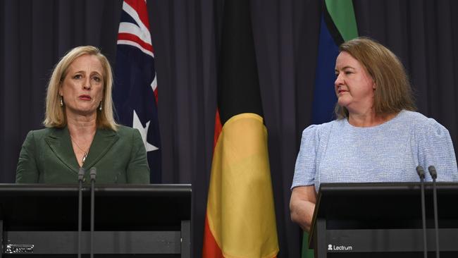 WGEA chief executive Mary Wooldridge (R) and Finance Minister Katy Gallagher (L). Picture: NCA NewsWire / Martin Ollman