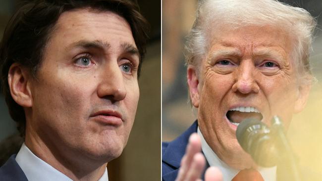 (COMBO) This combination of pictures created on March 05, 2025 shows Canada's Prime Minister Justin Trudeau on March 4, 2025 on Parliament Hill in Ottawa and US President Donald Trump in the Roosevelt Room of the White House in Washington, DC, on March 3, 2025. US President Donald Trump, after a call with Prime Minister Justin Trudeau, accused the Canadian leader on March 5, 2025, of playing up a Canada-US trade war to cling to power. Trump said in a social media post that Trudeau "was unable to tell me when the Canadian Election is taking place, which made me curious, like, what's going on here? I then realized he is trying to use this issue to stay in power." (Photo by Dave Chan and ROBERTO SCHMIDT / AFP)