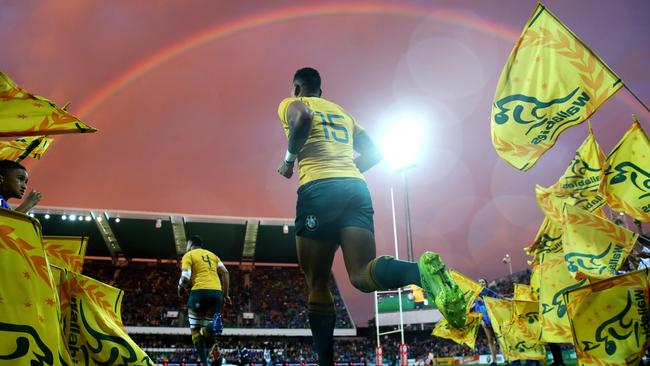 Israel Folau (no.15) runs out for the Wallabies against South Africa in September, 2017. Picture: Getty Images