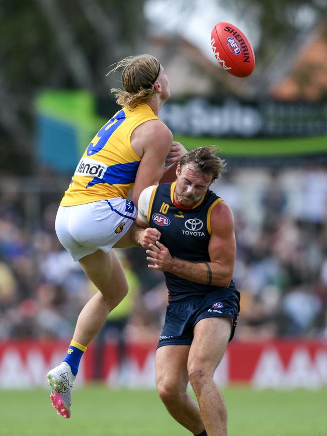 Harley Reid attempts to mark and is hit by Luke Pedlar Community Series match between Adelaide and West Coast at Hisense Stadium on March 2. Picture: Mark Brake/Getty Images.