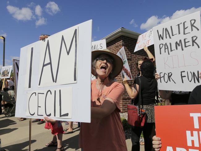 Outrage ... protesters gather outside Walter James Palmer's dental office in Bloomington, Minnesota. Picture: AP Photo/Ann Heisenfelt