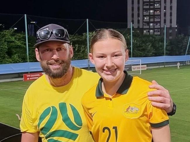 Central Coast Mariners 16-year-old rising star Tiana Fuller with her dad Jason - who was her first coach as a junior. Photo: supplied