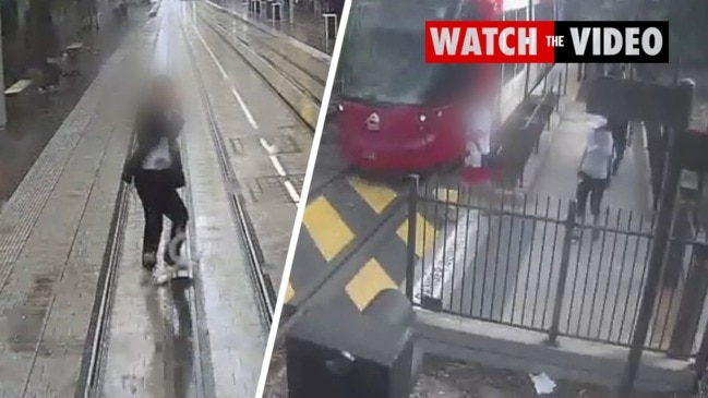 CCTV footage of near misses with pedestrians and trams