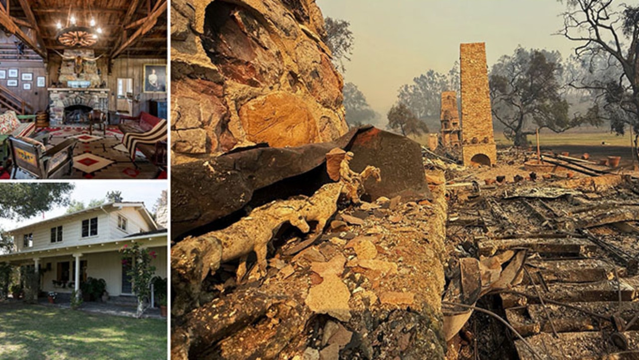 Will Rogers’ ranch house and living room before (left) and after the fire (right). Pictures: California State Parks