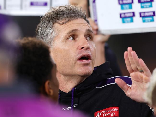 ADELAIDE, AUSTRALIA – APRIL 13: Justin Longmuir, Senior Coach of the Dockers during the 2024 AFL Round 05 match between the Port Adelaide Power and the Fremantle Dockers at Adelaide Oval on April 13, 2024 in Adelaide, Australia. (Photo by Sarah Reed/AFL Photos via Getty Images)