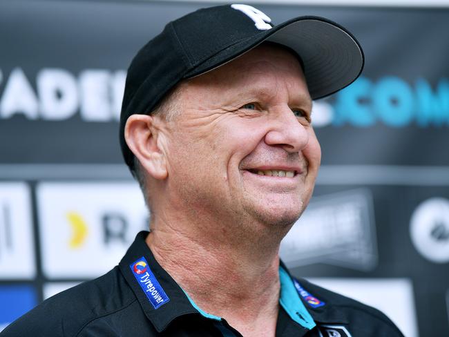 ADELAIDE, AUSTRALIA - OCTOBER 15: Ken Hinkley Port Adelaide coach speaks to media during a Port Adelaide Power AFL training session at Adelaide Oval on October 15, 2020 in Adelaide, Australia. (Photo by Mark Brake/Getty Images)