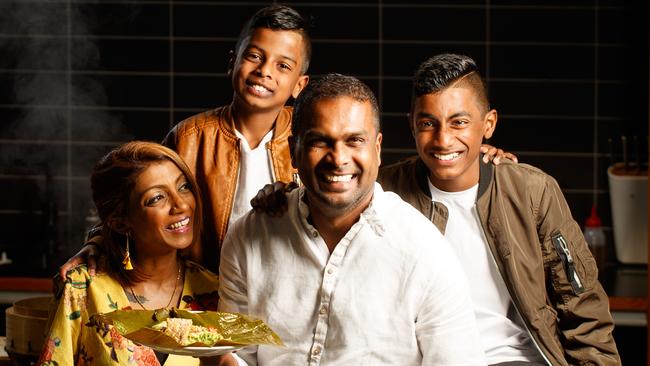 MasterChef winner Sashi Cheliah with his wife Rabicca and children Ryan, 10, and Marcus, 12, in the kitchen at Sprout Cooking School. Picture: Matt Turner