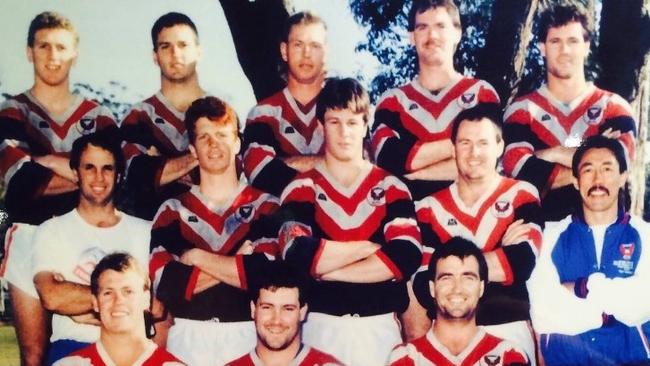 Mark Besley (top row, second from right), Mick Clements (top row, right), Warren Douch (front row, left) and John Elliott (out of shot) all played in the 1991 premiership victory. Picture: supplied