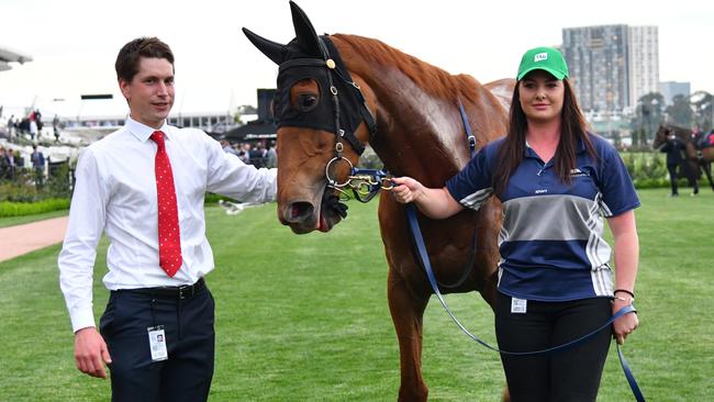 Trainer Mitch Freedman with Moonlight Maid after its win in the Edward Manifold Stakes. Picture: AAP