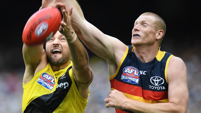 Sam Jacobs and Toby Nankervis contest the ball in the 2017 grand final. Picture: Julian Smith/AAP
