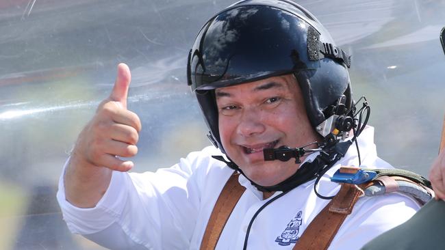 Gold Coast Mayor Tom Tate suits up for a ride in a RAAF Roulette Jet at the Welcome Ceremony for the Pacific weekend. Picture: Glen Campbell