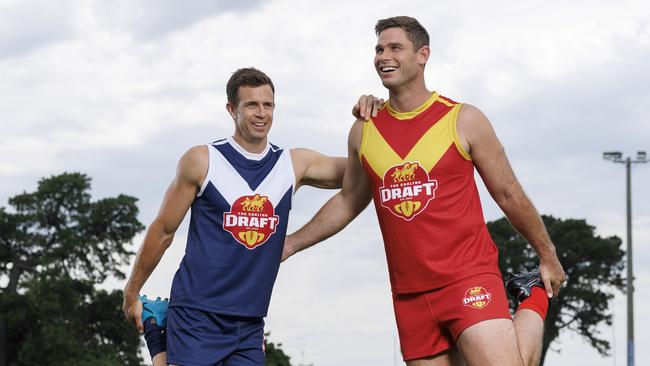 Former Richmond and GWS gun Brett Deledio (left) and recently retired Geelong superstar Tom Hawkins will make their respective returns to the footy field this year. Both have been named in the Carlton Draft which sends ex-AFL guns back to local footy for one-off appearances.
