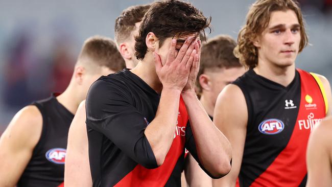 AFL Round15 . Essendon vs Melbourne at MCG, Melbourne. 26/06/2021.  Brandon Zerk-Thatcher of the Bombers after tonights loss to Melbourne    .  Pic: Michael Klein