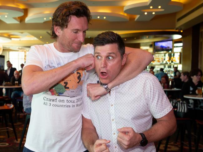 James Hird and Shane Crawford at their Crawf and Hirdy Podcast Party at Crown. Picture: Fiona Hamilton Photography