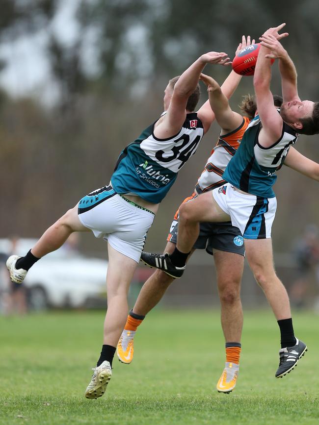 Deaken Clancy, 34, Thomas Moloney, 15, of CDHBU Power and Hayden Wardius, 35, RWW Giants. Picture: Yuri Kouzmin