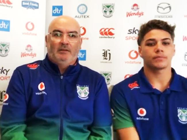 Warriors CEO Cameron George and Reece Walsh during their Zoom press conference.