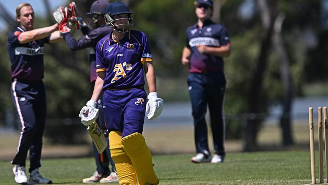 VSDCA: Yarraville’s Matthew Grose celebrates the wicket of Luke Medlock of Altona. Picture: Andy Brownbill