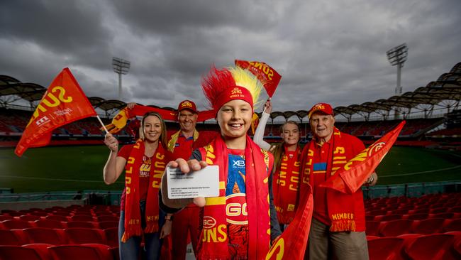 The Gold Coast SUNS has set an all-time record of more than 16,000 members despite COVID-19. The Churchill family, Kristal, Jett, 10, Jason, Analise, 18, and Donald. Jett Churchill had a membership card five months before he was born. He is a super fan and has gone to every home game since he was born. Picture: Jerad Williams