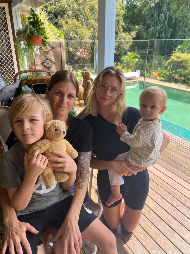 Kate Samson, Eva Bowmast and their kids Java (7) and Tendah (1), recover on after their dramatic helicopter rescue. Picture: Supplied