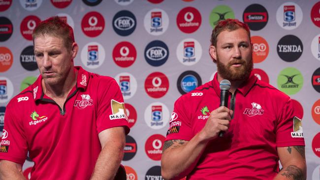 Coach Brad Thorn and captain Scott Higginbotham of the Reds.