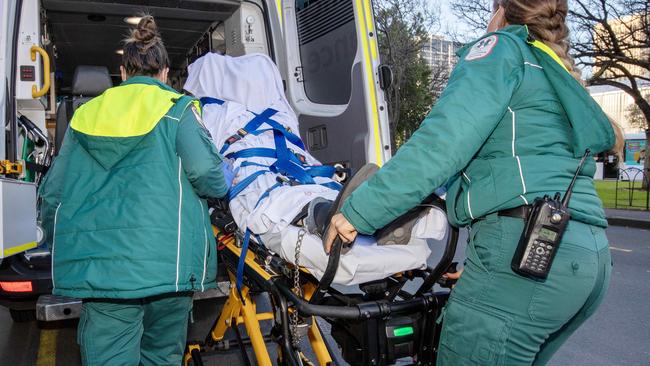 Raelene Polymiadis was wheeled out of Adelaide's District Court by paramedics after collapsing in the cells on July 25. Picture: NCA NewsWIRE / Emma Brasier