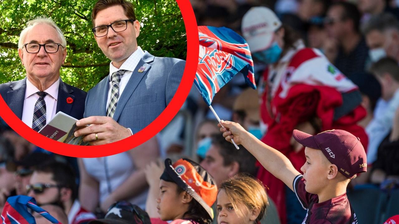 Toowoomba Mayor Paul Antonio and Deputy Mayor Geoff McDonald; scenes from the Dragons-Roosters NRL game at Clive Berghofer Stadium in Toowoomba in August.