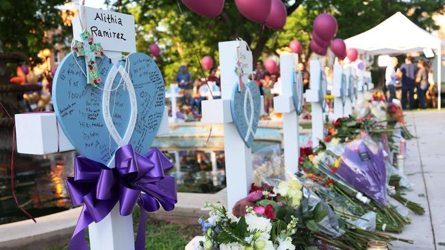 Memorials for victims of the mass shooting at Robb Elementary School. Picture: Michael M. Santiago/Getty Images/AFP